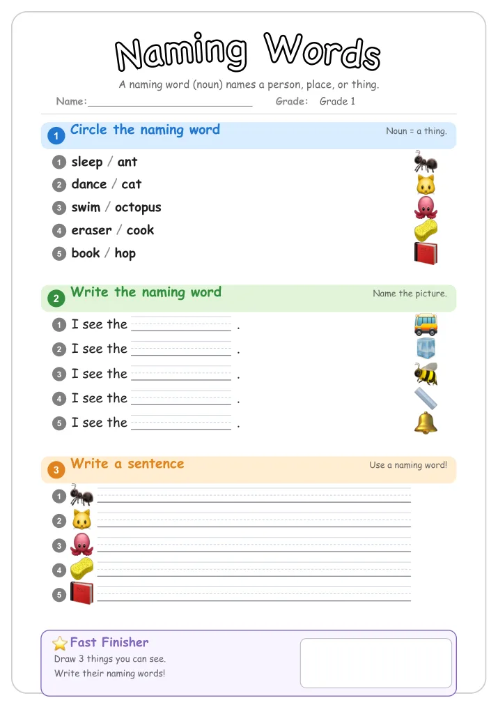 Naming Words grammar worksheet for Grade 1