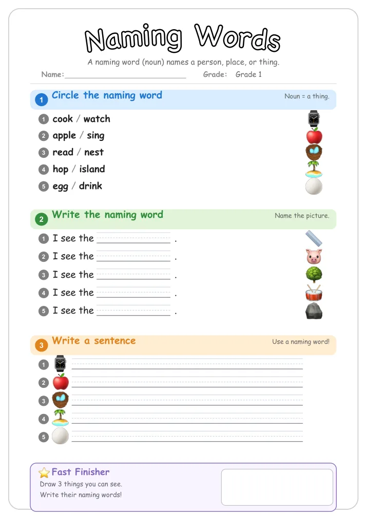 Naming Words grammar worksheet for Grade 1