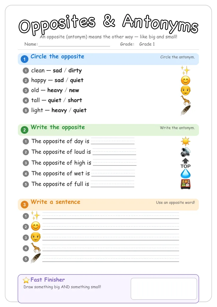 Opposites & Antonyms grammar worksheet for Grade 1