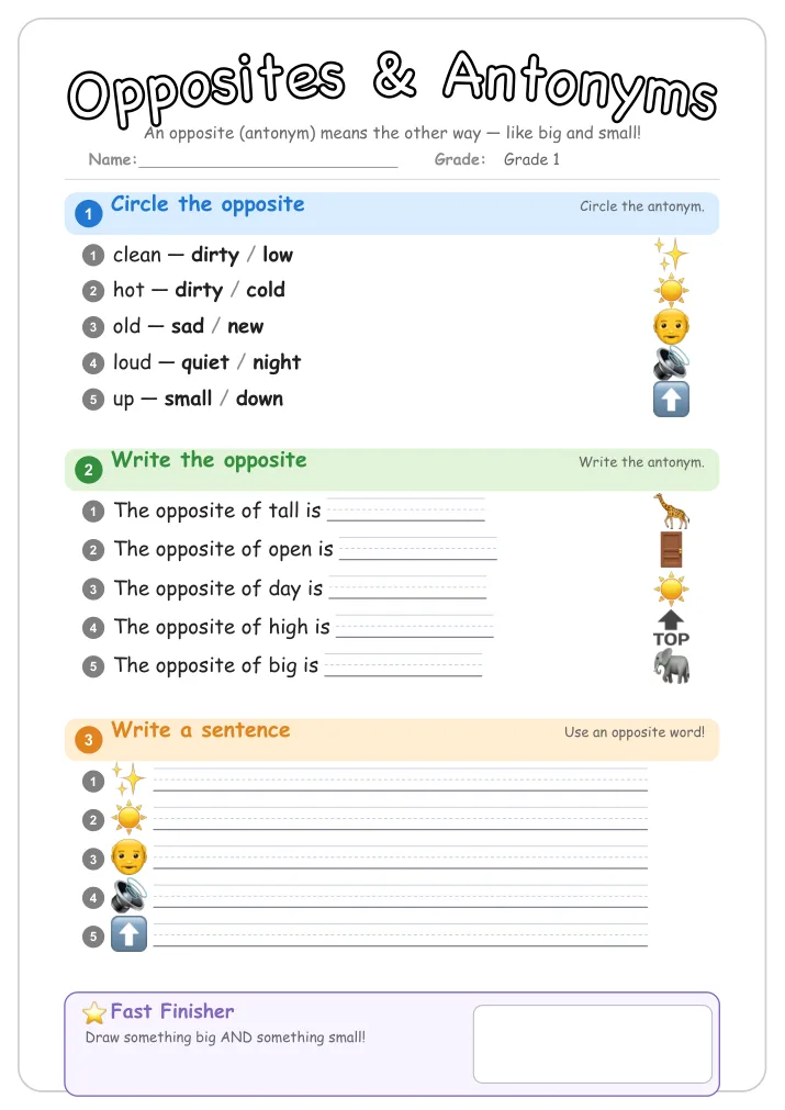 Opposites & Antonyms grammar worksheet for Grade 1