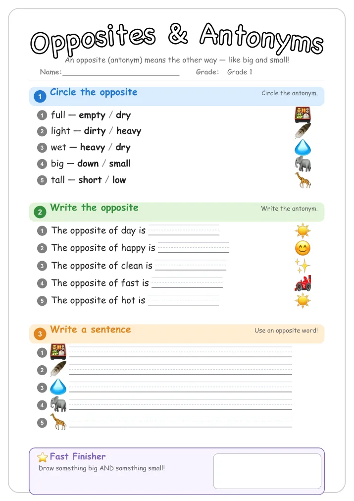Opposites & Antonyms grammar worksheet for Grade 1