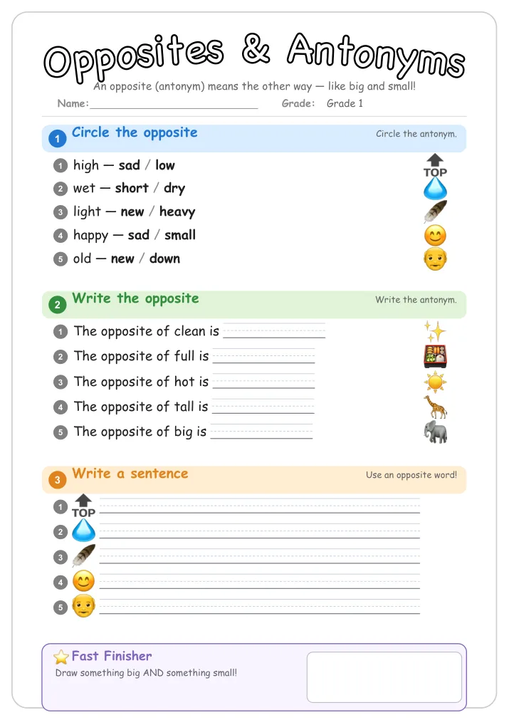 Opposites & Antonyms grammar worksheet for Grade 1