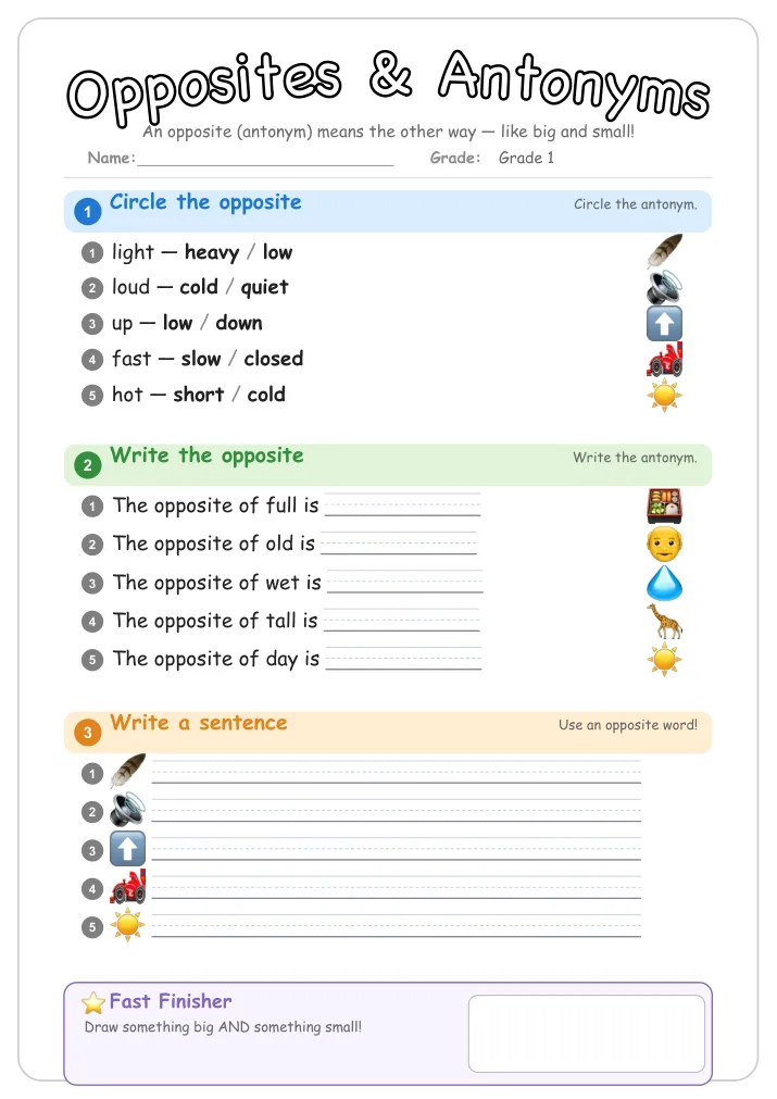 Opposites & Antonyms grammar worksheet for Grade 1