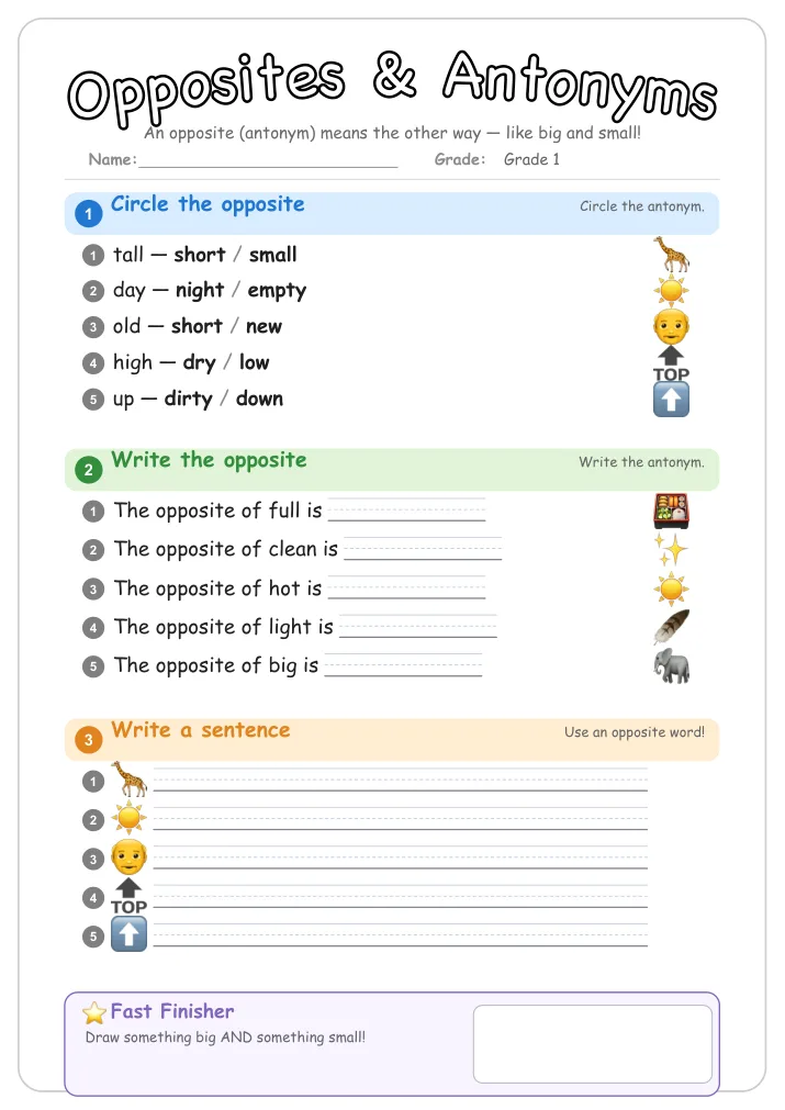 Opposites & Antonyms grammar worksheet for Grade 1