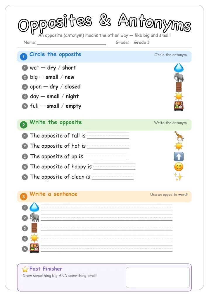Opposites & Antonyms grammar worksheet for Grade 1