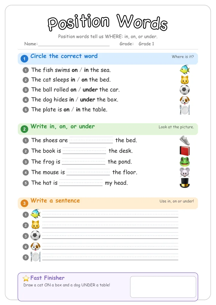 Position Words grammar worksheet for Grade 1