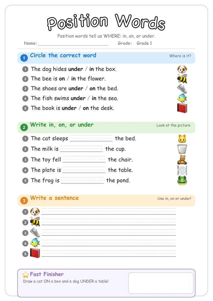Position Words grammar worksheet for Grade 1