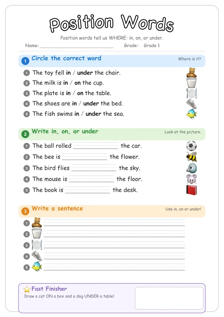 Position Words grammar worksheet for Grade 1