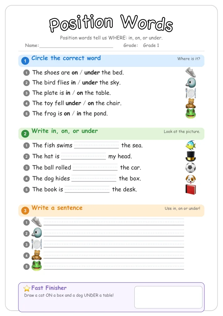 Position Words grammar worksheet for Grade 1