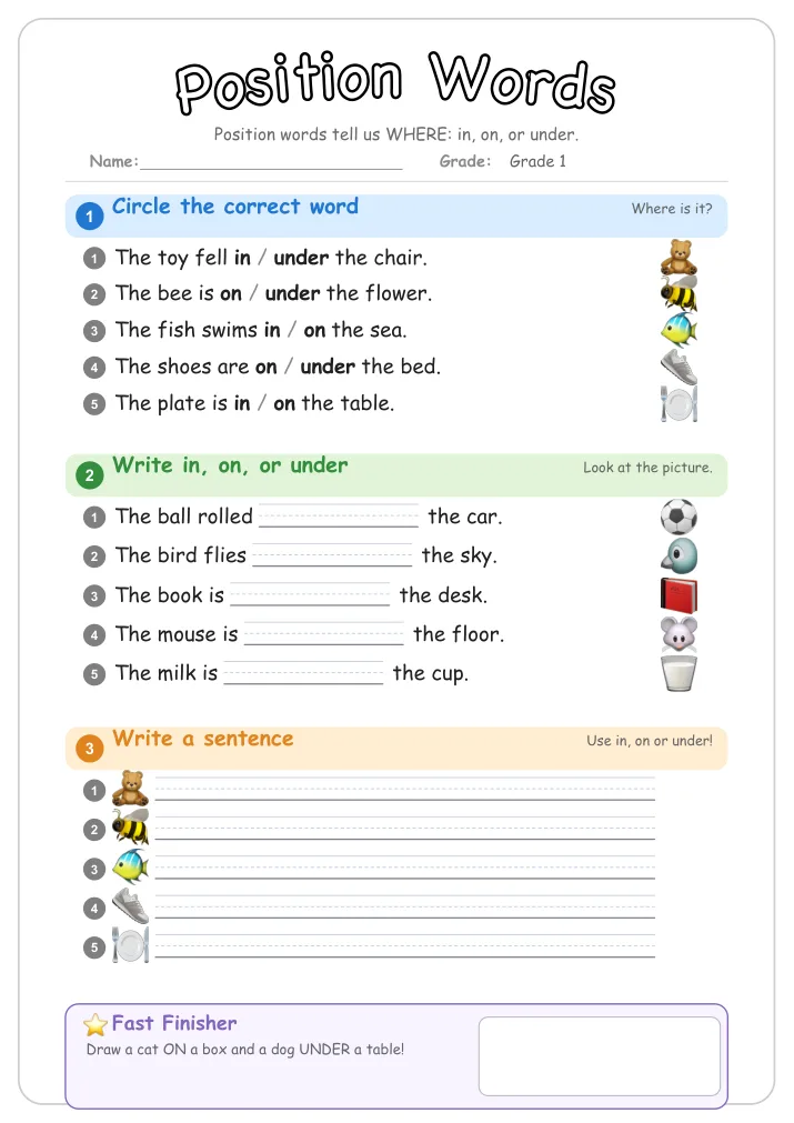 Position Words grammar worksheet for Grade 1