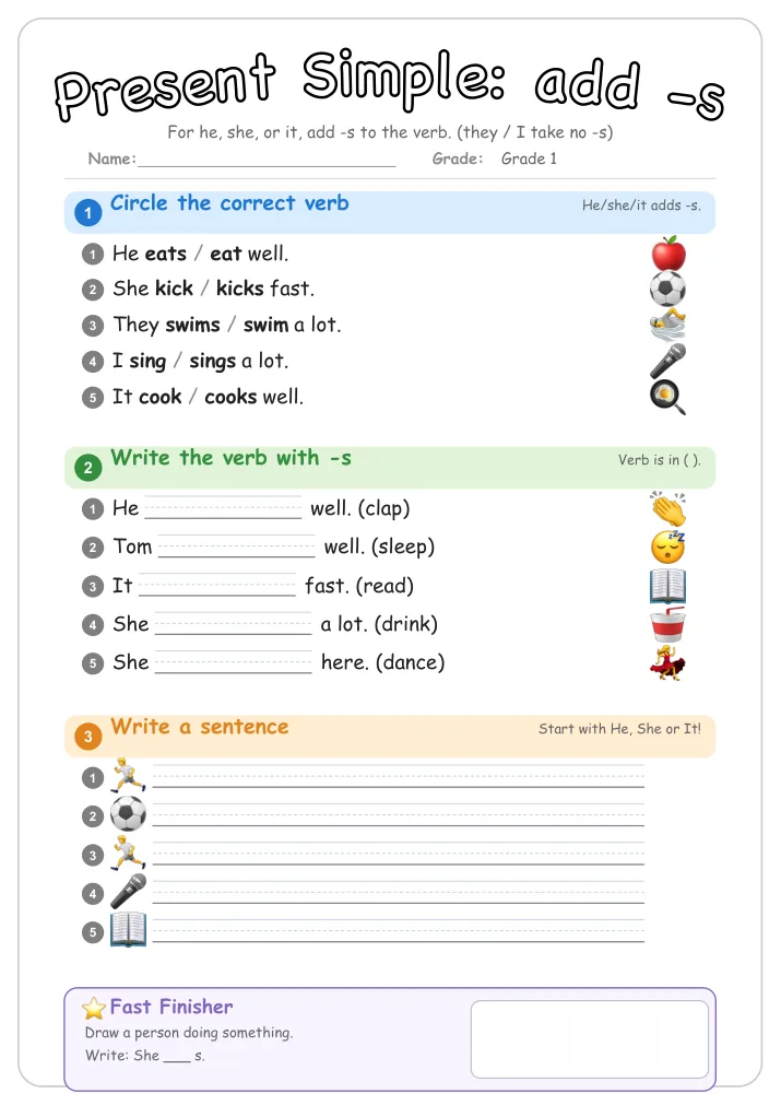 Present Simple: add -s grammar worksheet for Grade 1