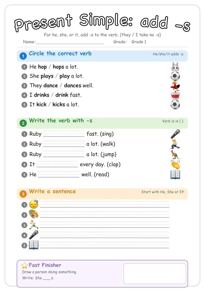 Present Simple: add -s grammar worksheet for Grade 1