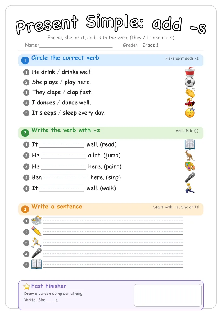 Present Simple: add -s grammar worksheet for Grade 1