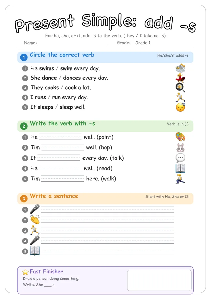 Present Simple: add -s grammar worksheet for Grade 1
