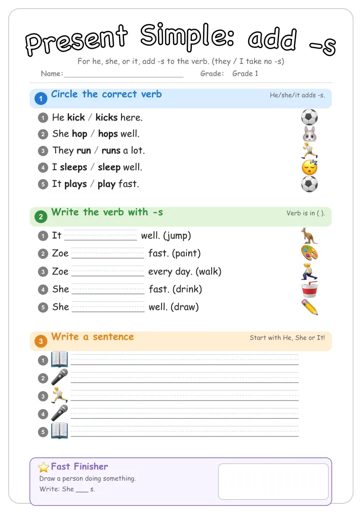 Present Simple: add -s grammar worksheet for Grade 1
