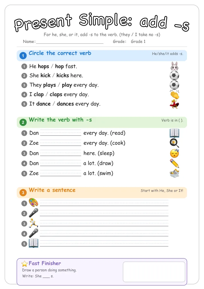 Present Simple: add -s grammar worksheet for Grade 1