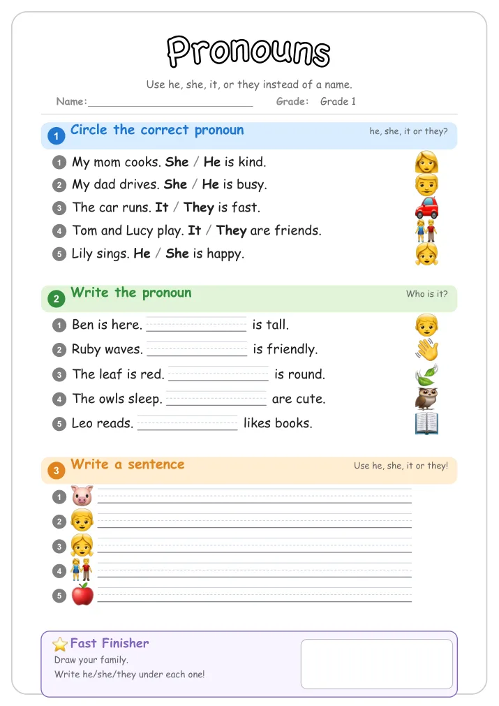 Pronouns grammar worksheet for Grade 1