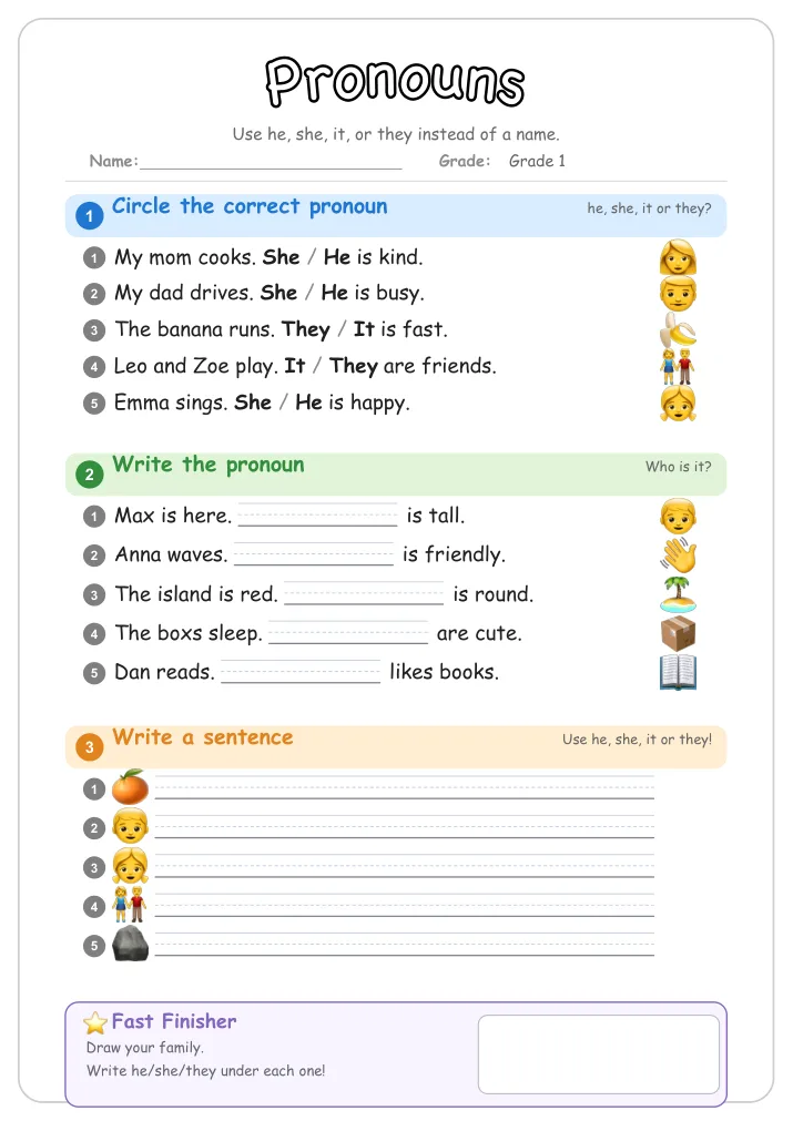 Pronouns grammar worksheet for Grade 1