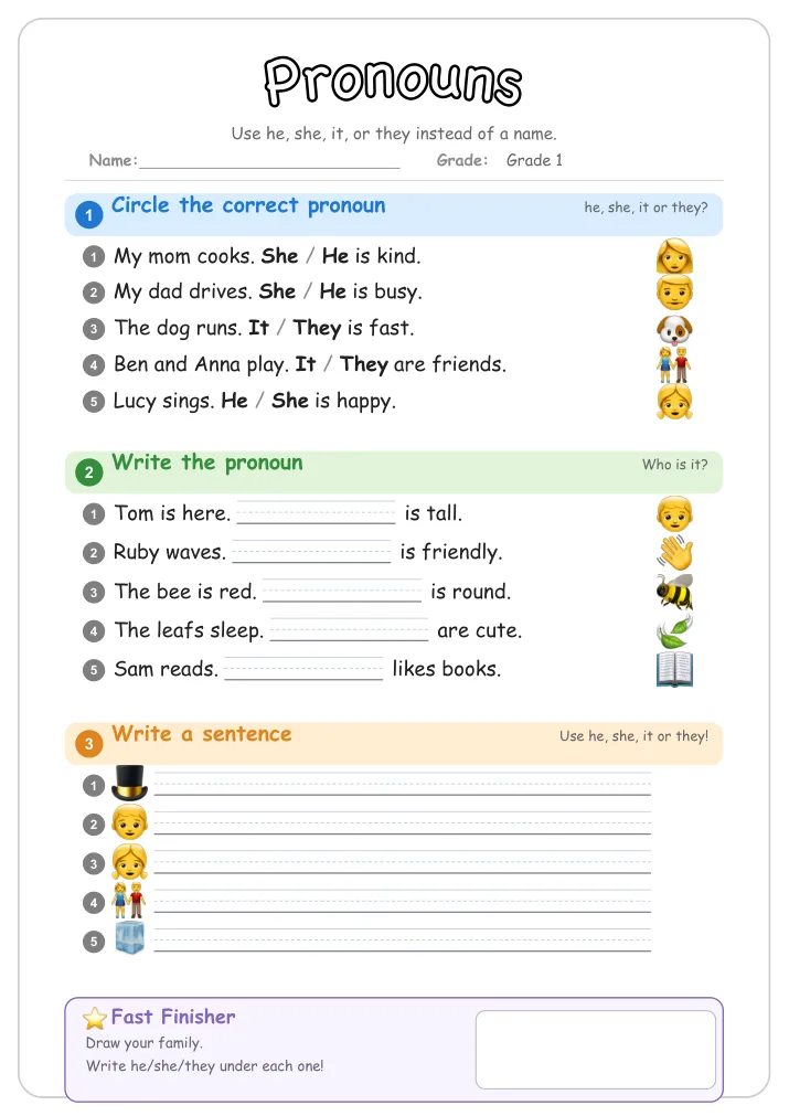 Pronouns grammar worksheet for Grade 1
