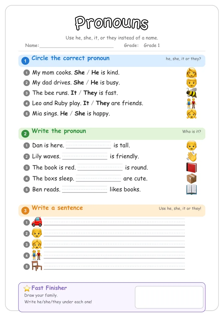Pronouns grammar worksheet for Grade 1