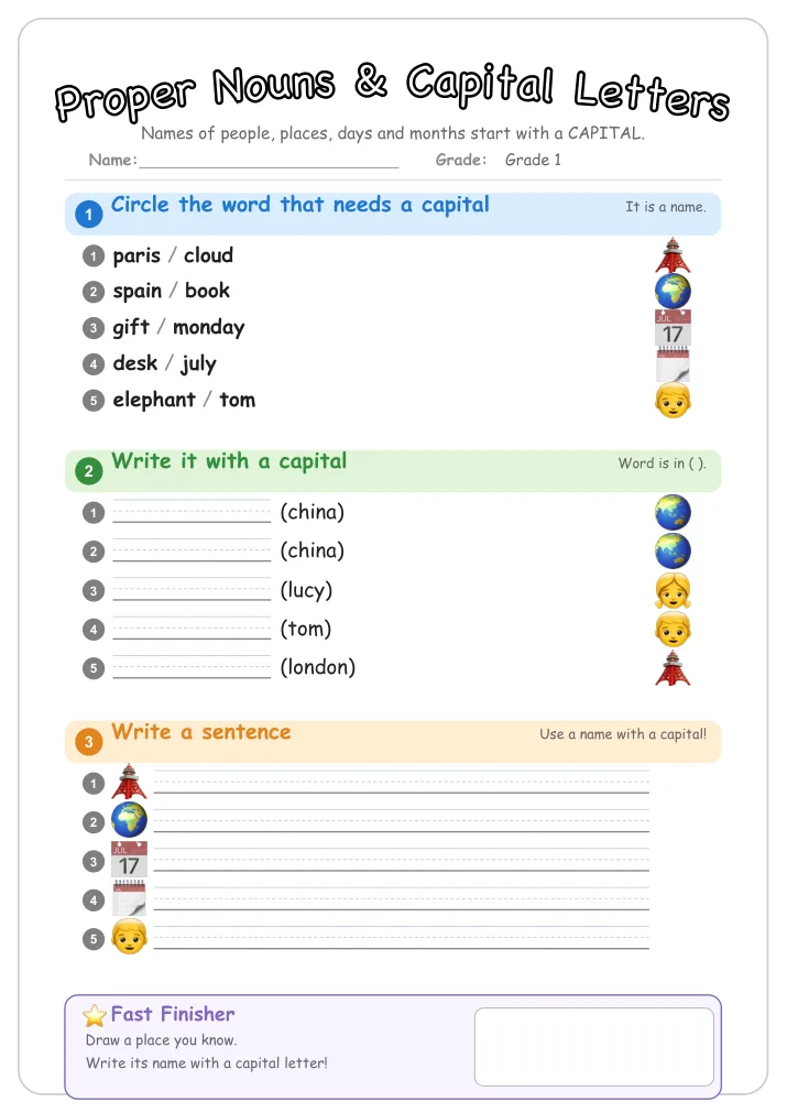 Proper Nouns & Capital Letters grammar worksheet for Grade 1