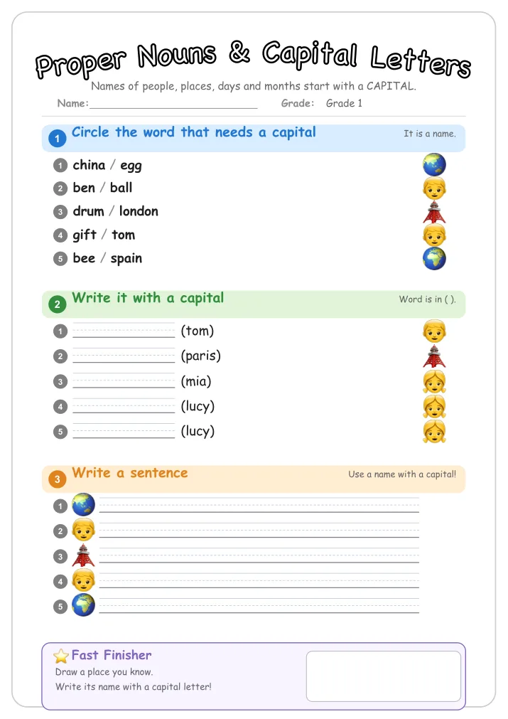 Proper Nouns & Capital Letters grammar worksheet for Grade 1