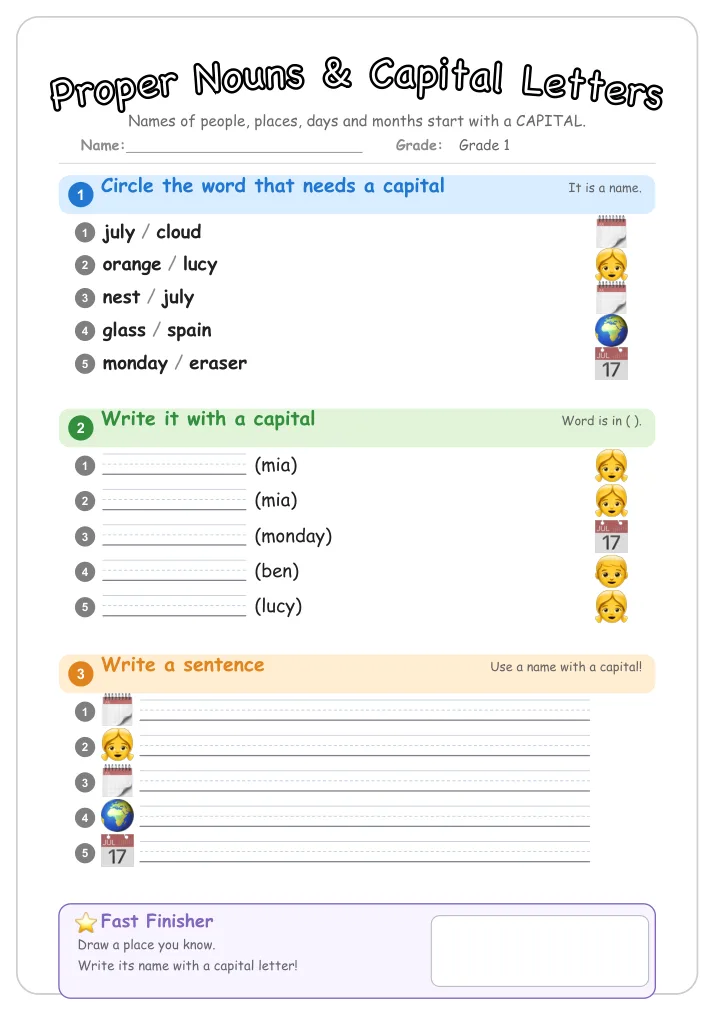 Proper Nouns & Capital Letters grammar worksheet for Grade 1