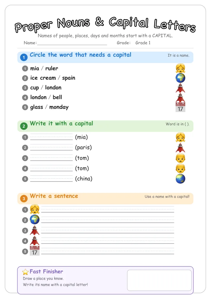 Proper Nouns & Capital Letters grammar worksheet for Grade 1