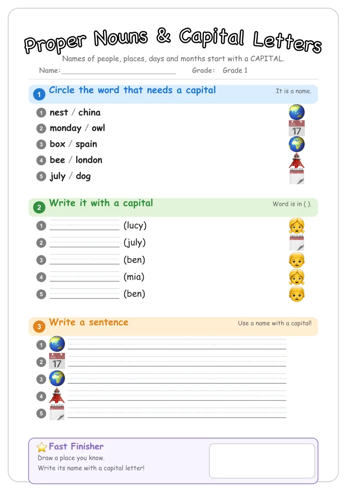 Proper Nouns & Capital Letters grammar worksheet for Grade 1