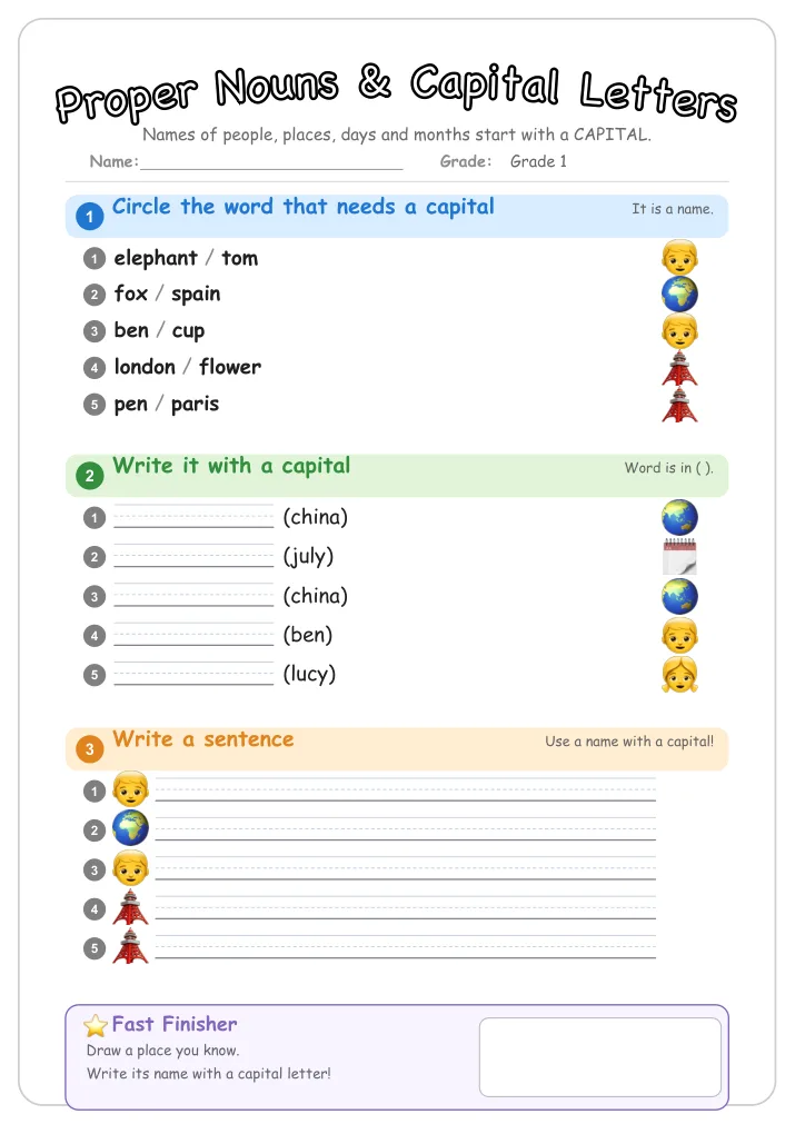 Proper Nouns & Capital Letters grammar worksheet for Grade 1
