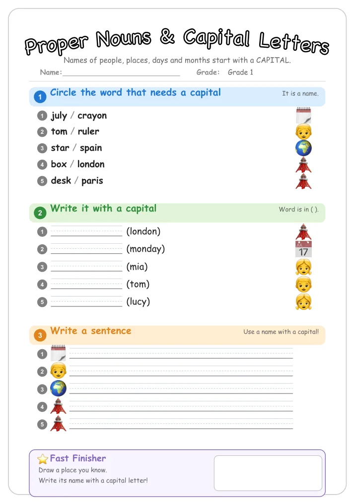 Proper Nouns & Capital Letters grammar worksheet for Grade 1