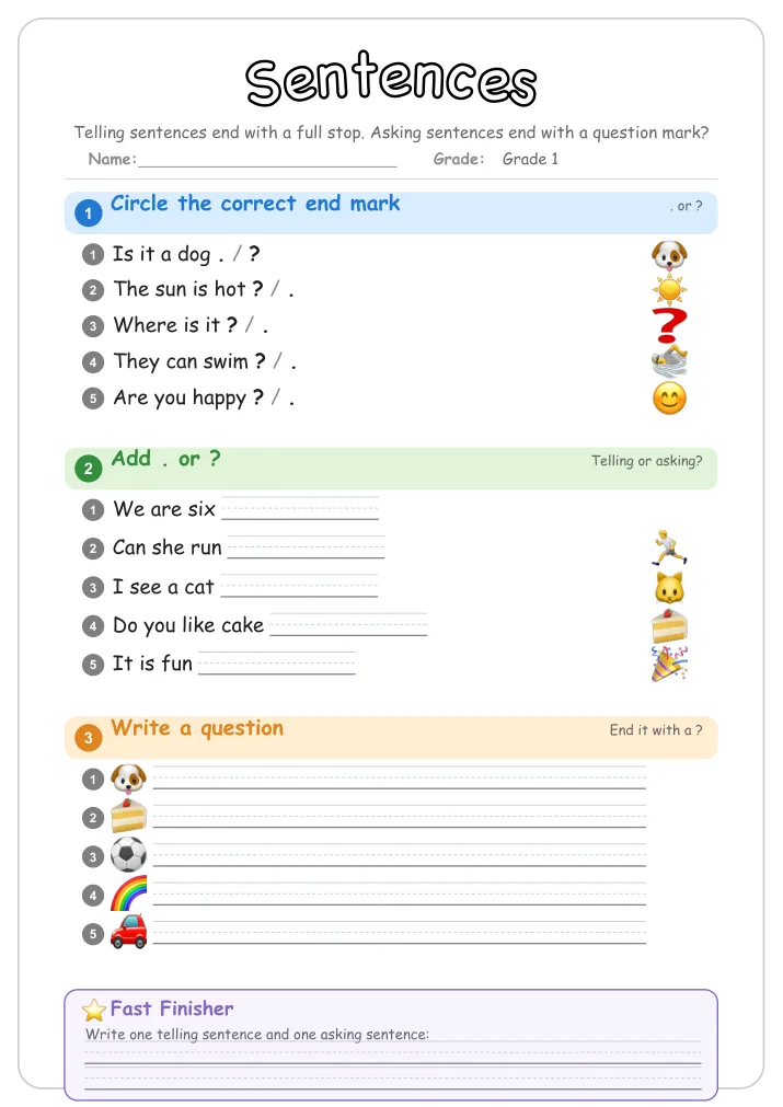 Sentences grammar worksheet for Grade 1