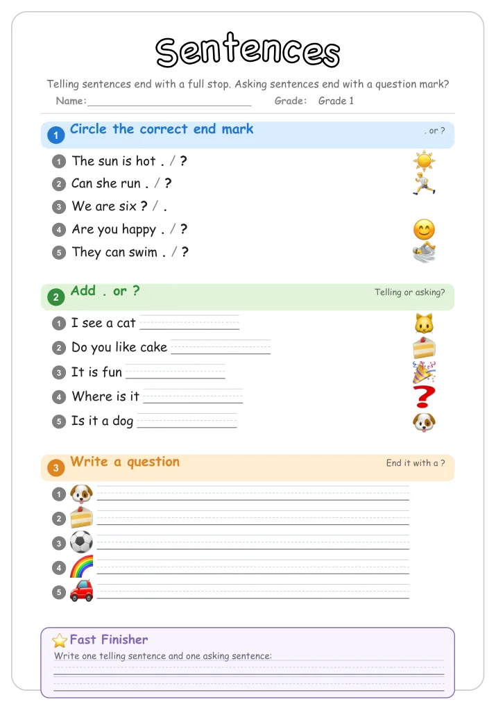 Sentences grammar worksheet for Grade 1