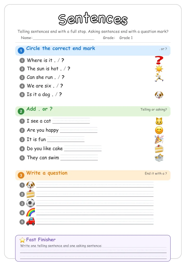 Sentences grammar worksheet for Grade 1