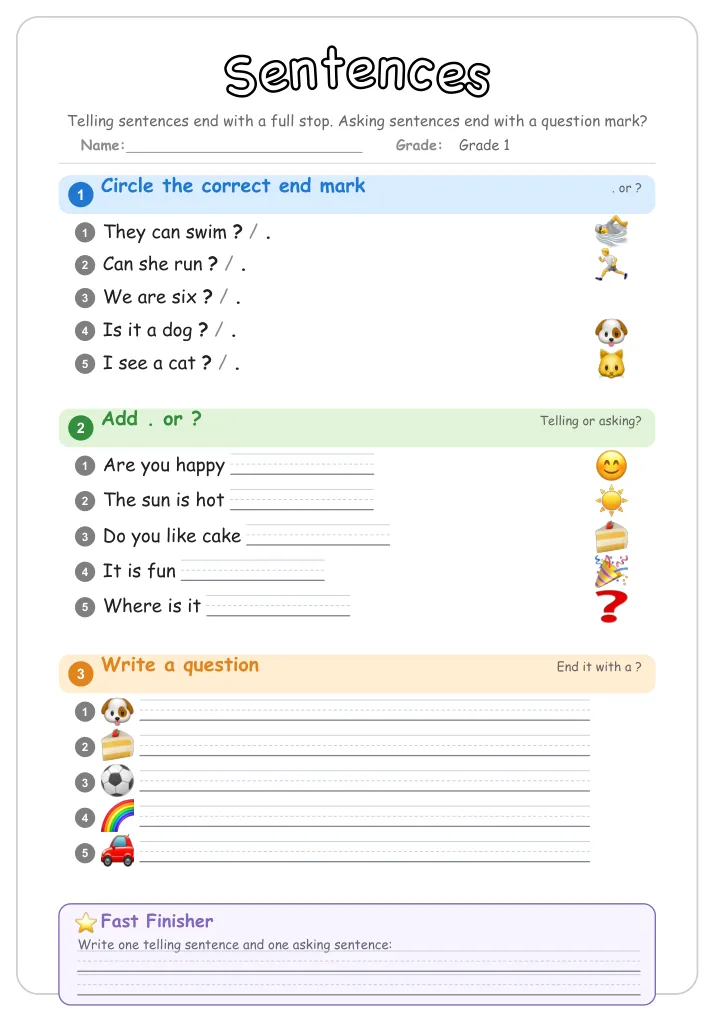 Sentences grammar worksheet for Grade 1