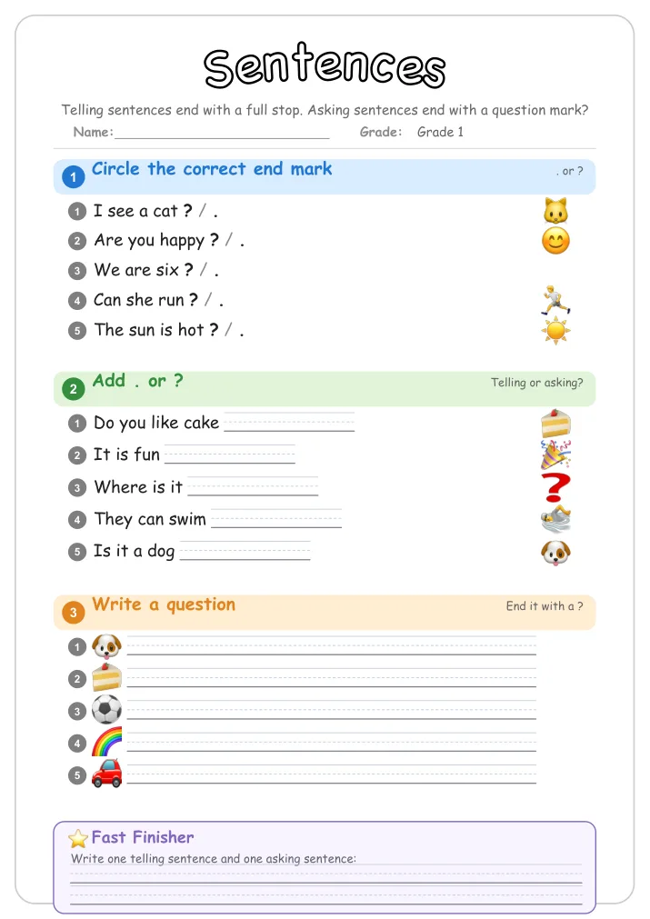 Sentences grammar worksheet for Grade 1