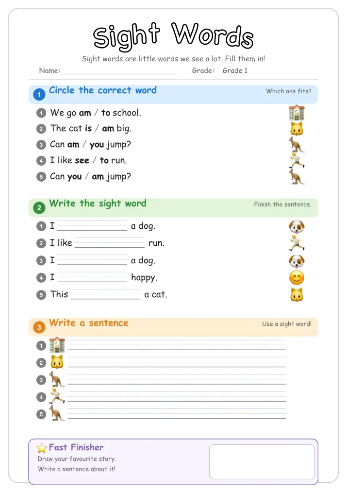 Sight Words grammar worksheet for Grade 1