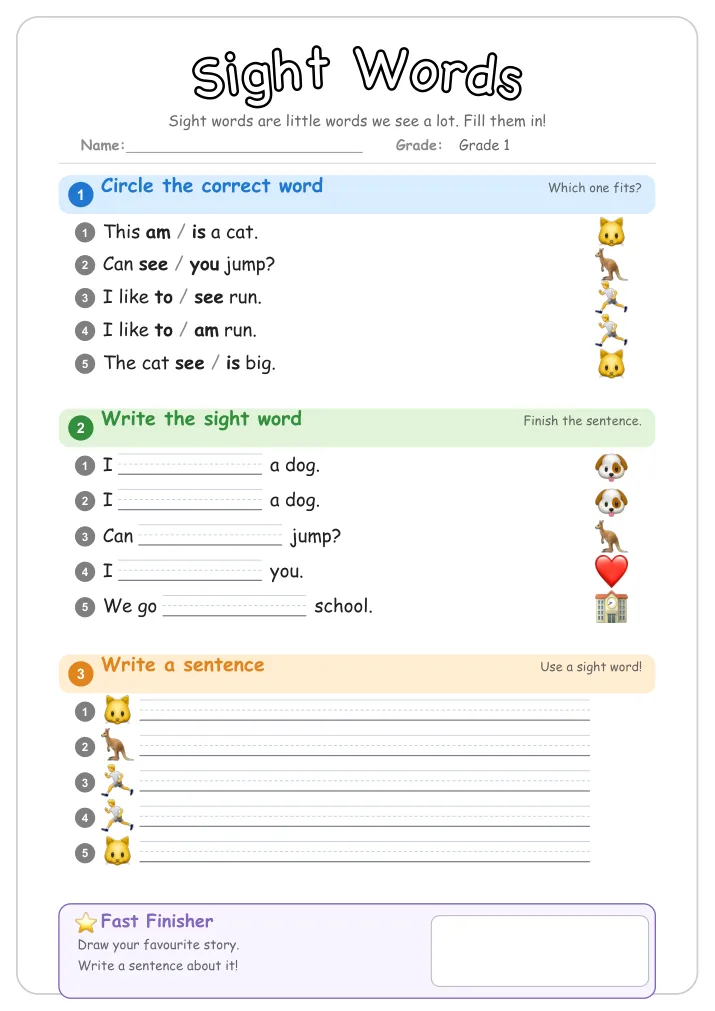 Sight Words grammar worksheet for Grade 1