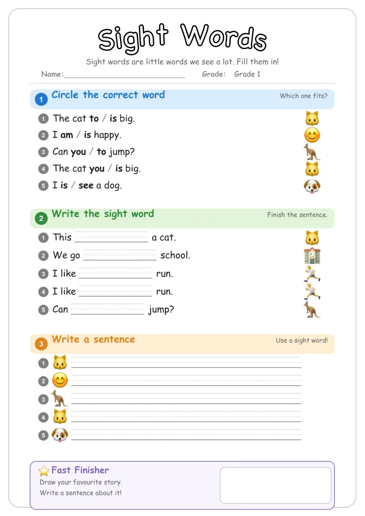 Sight Words grammar worksheet for Grade 1