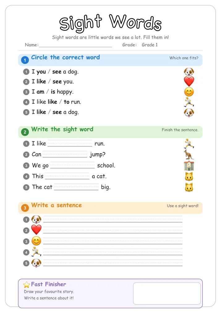 Sight Words grammar worksheet for Grade 1