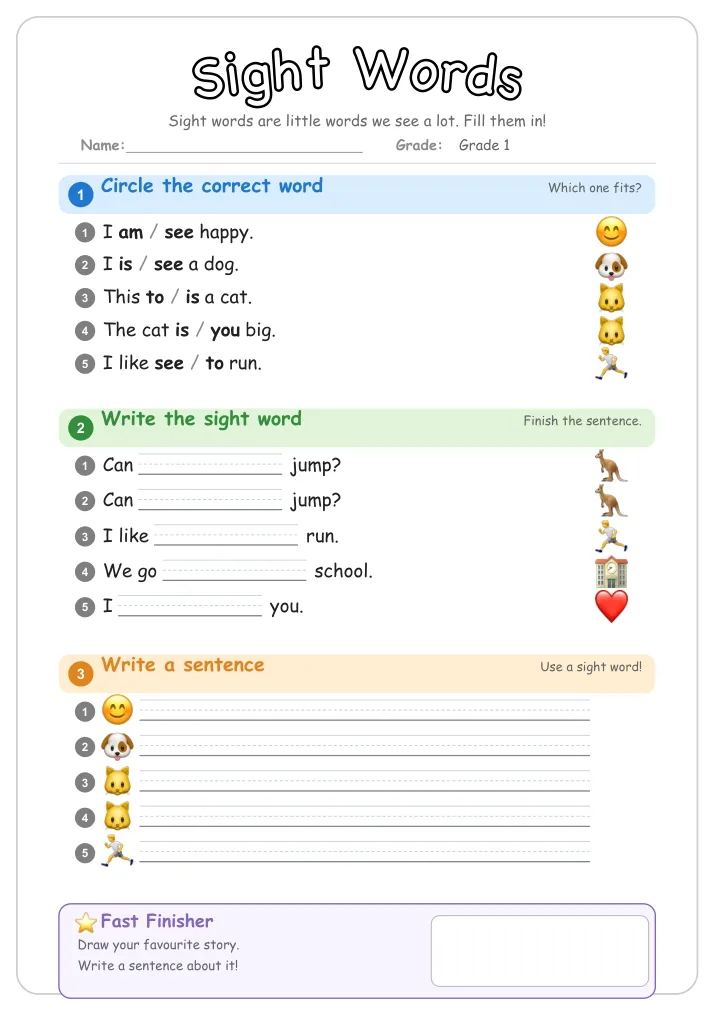 Sight Words grammar worksheet for Grade 1