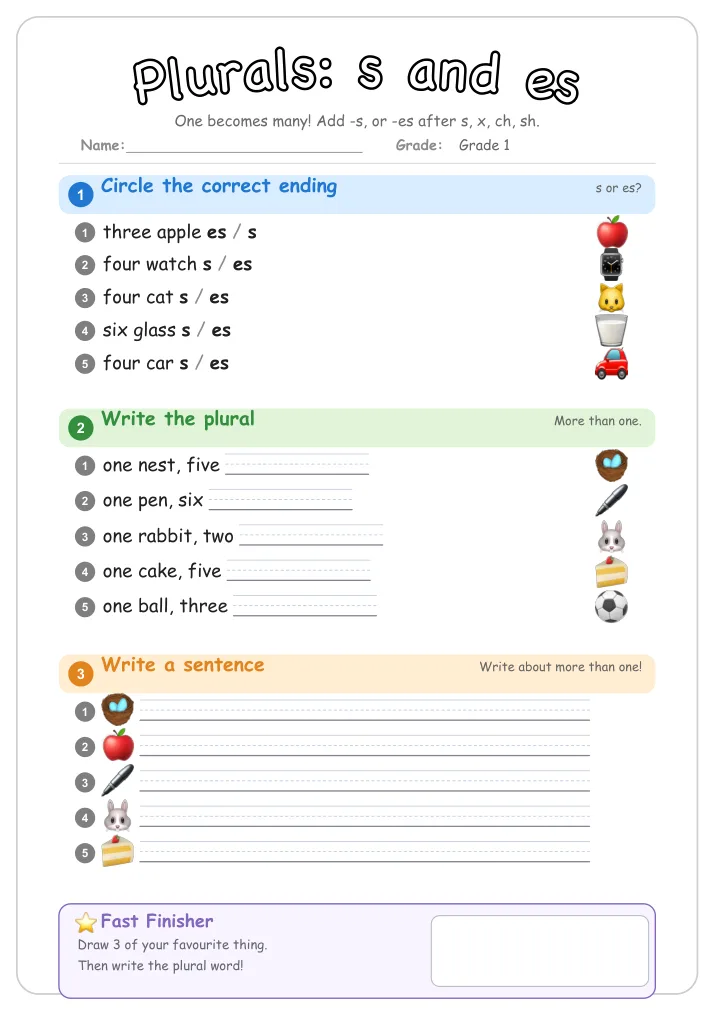 Plurals: s and es grammar worksheet for Grade 1