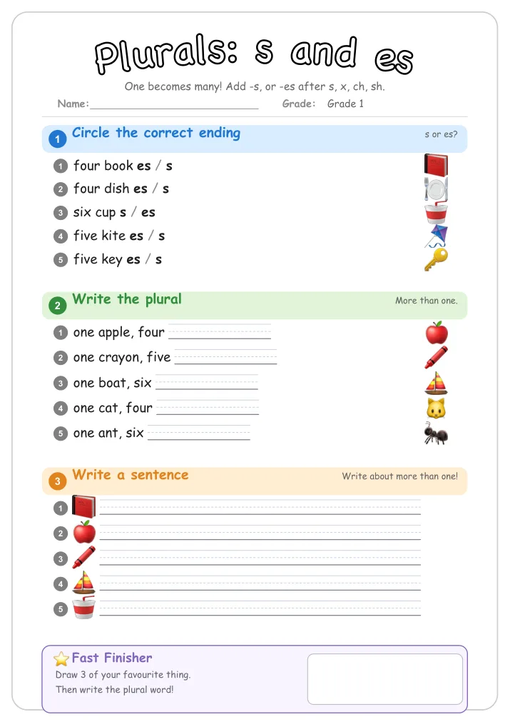 Plurals: s and es grammar worksheet for Grade 1