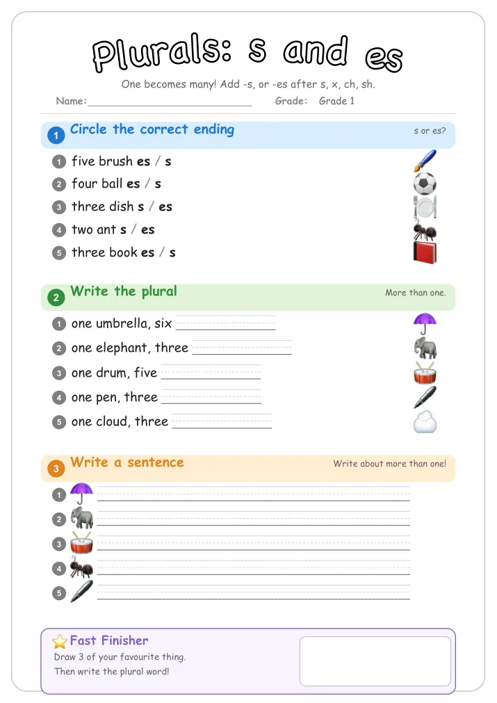 Plurals: s and es grammar worksheet for Grade 1