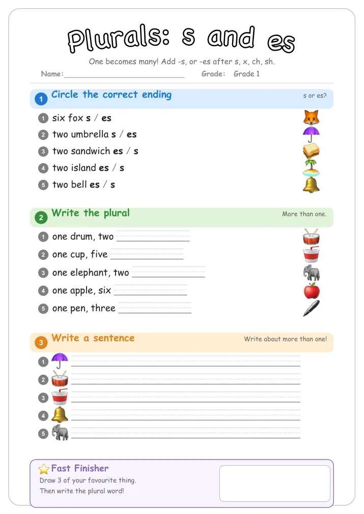 Plurals: s and es grammar worksheet for Grade 1