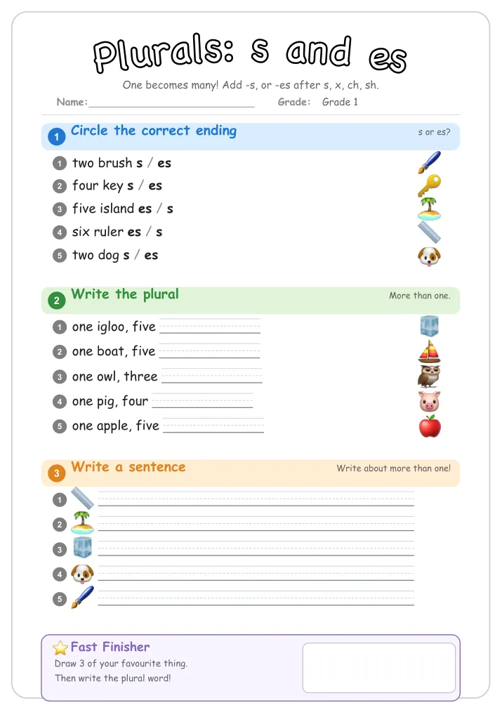 Plurals: s and es grammar worksheet for Grade 1