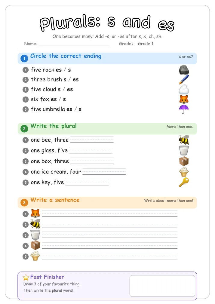 Plurals: s and es grammar worksheet for Grade 1