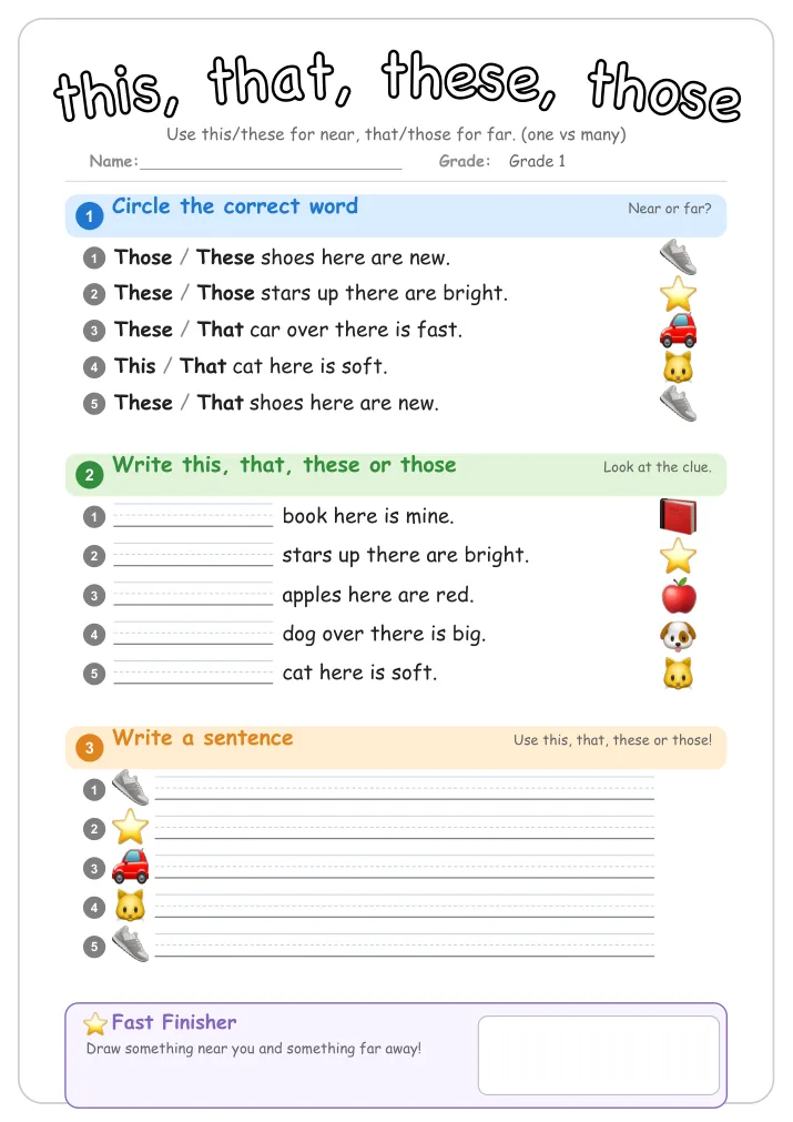 this, that, these, those grammar worksheet for Grade 1