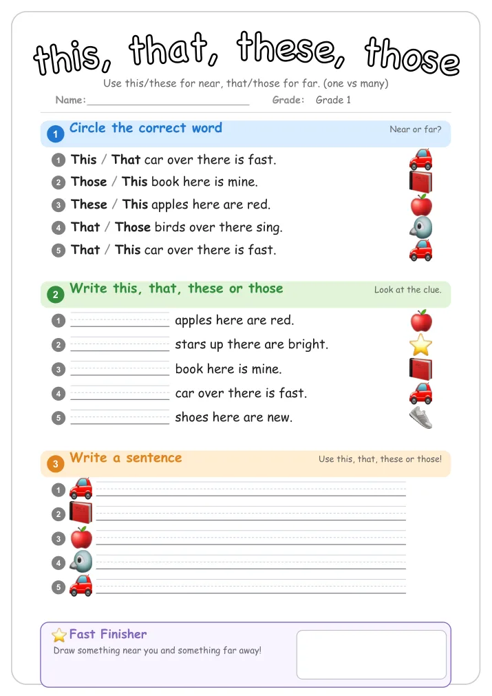 this, that, these, those grammar worksheet for Grade 1
