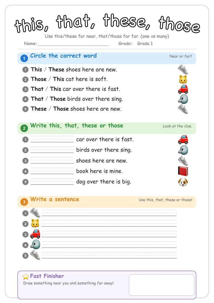 this, that, these, those grammar worksheet for Grade 1